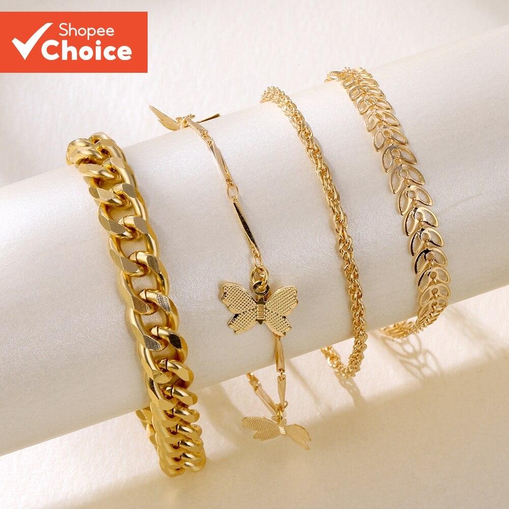 4 Pçs Nova Moda Borboleta Corrente Multi-Camada Pulseira Conjunto Feminino Charme Presente Do Feriado Jóias