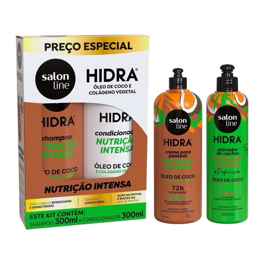 Kit Hidra Coco Ativador de cachos 300ml e Creme para pentear 1L Salon Line - Beauty