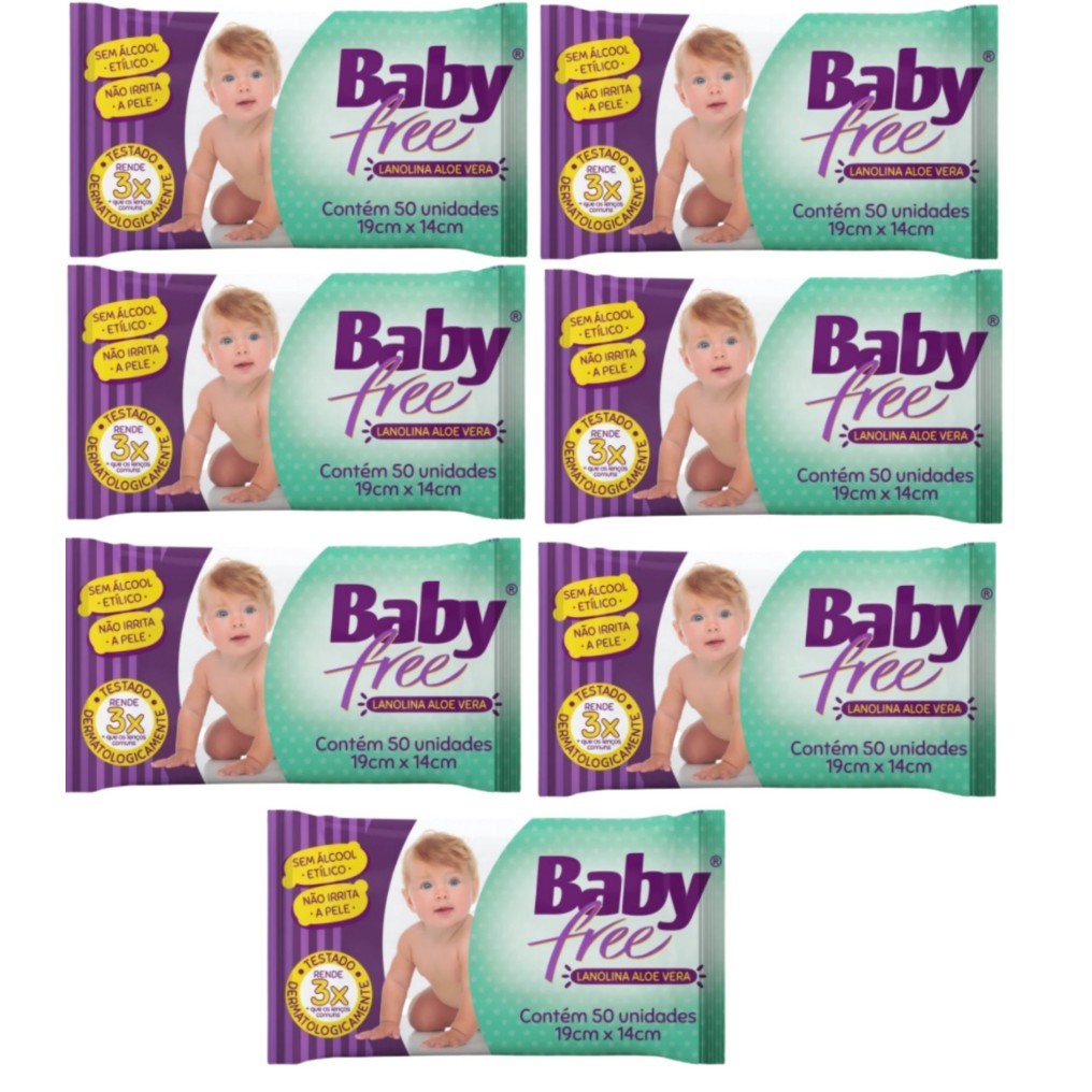 Kit com 7 Lenços Umedecidos Baby Free Toalha Umedecida Qualybless 7 Pacotes com 50 unidades