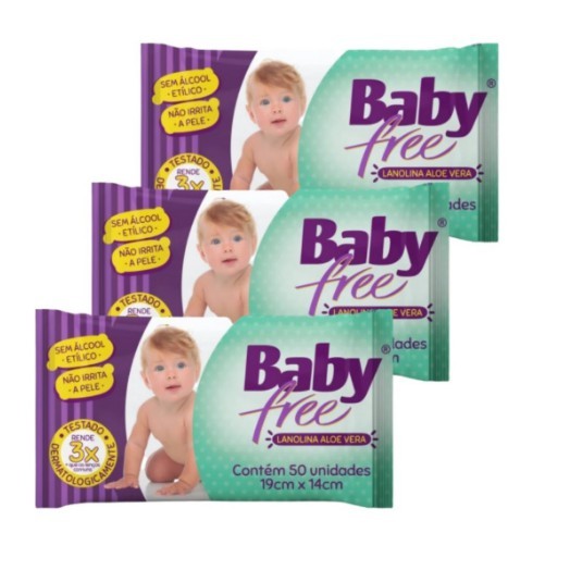 Kit com 3 Lenços Umedecidos Baby Free Toalha Umedecida Qualybless 3 Pacotes com 50 unidade...