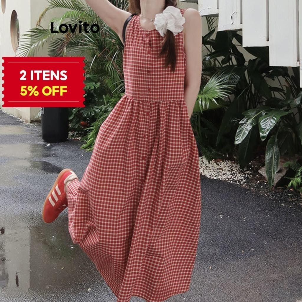(Trendy) Lovito Vestido elegante xadrez colorido com botões para mulheres LNE77572