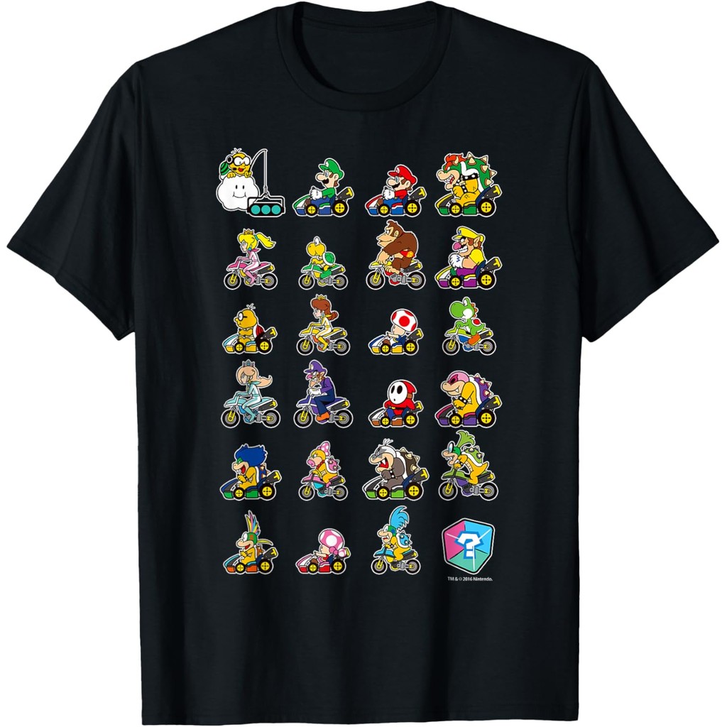 Camiseta Unissex de Algodão Puro Preta Básica Estampada com Imagens dos Personagens do Mario Kart