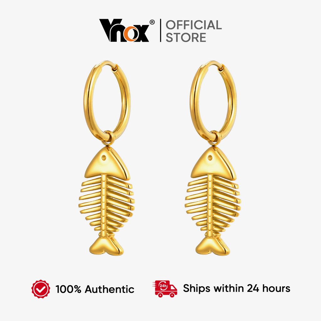 Vnox Criativo Metal Osso De Peixe Acessórios Pingente Brincos De Argola Aço Inoxidável À Prova Dwaterproof Água Festa De em Oferta na Shopee