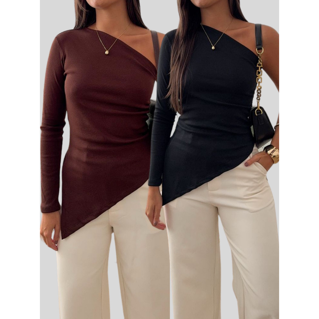 Kit com 2 Blusas Mula Manca Feminina Ribana Canelada Manga Longa Elegante