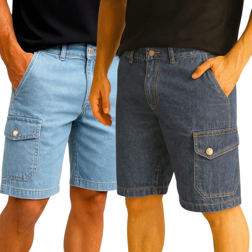 Kit 2 Bermuda Masculina Jeans Cargo a Ótima Qualidade Short Masculino 6 Bolsos em Oferta na Shopee