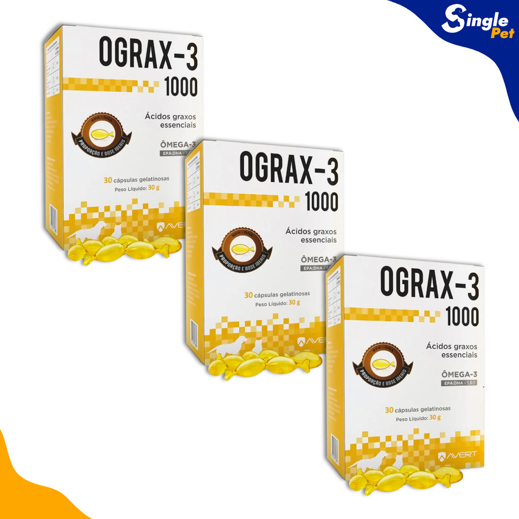 Avert Ograx-3 1000mg Suplemento Nutricional com Ômega 3 para Cães e Gatos 30 Cápsulas - Kit 3 Unidades