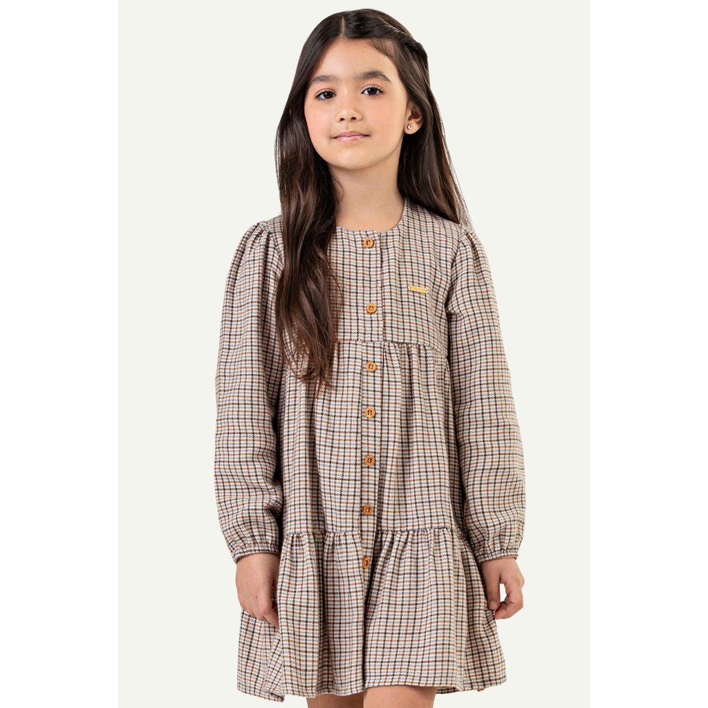 Vestido Infantil Menina Xadrez com Botões Colorittá Marrom - Baby & Kids Fashion