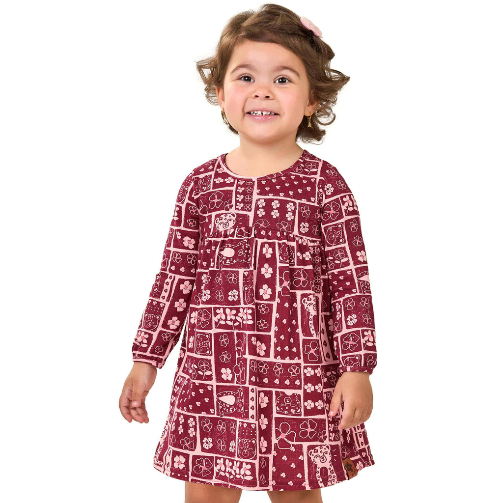 Vestido Infantil Menina Manga Longa Estampado Elian Vermelho - Baby & Kids Fashion