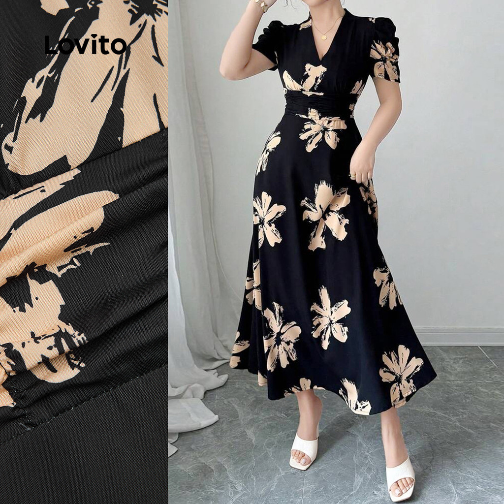 Lovito Vestido Elegante com Pregas para Primavera/verão  Vestido Preto para mulheres L142LD338 em Oferta na Shopee