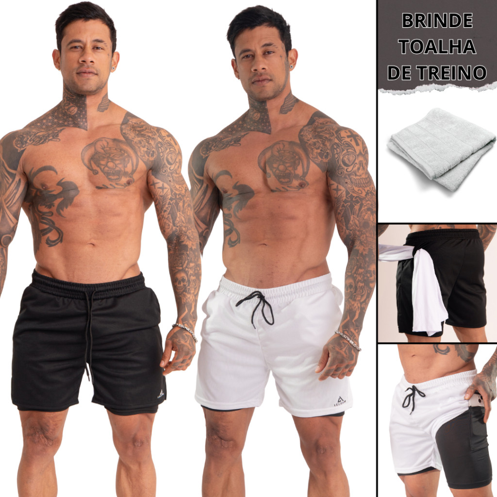 Kit 2 short 2 em 1 duplo masculino compressão bolso interno para celular academia treino dry fit