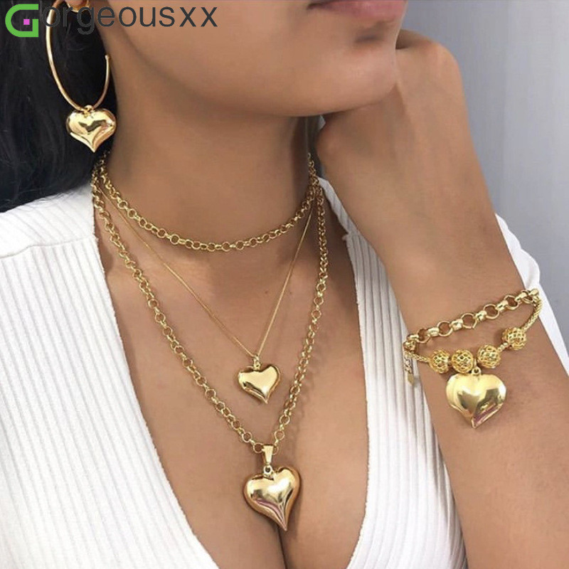 [Gorgeousxx] Colares Com Pingente De Coração De Amor Exagerado , Pulseiras , Brincos , Suíte De Joias Femininas
