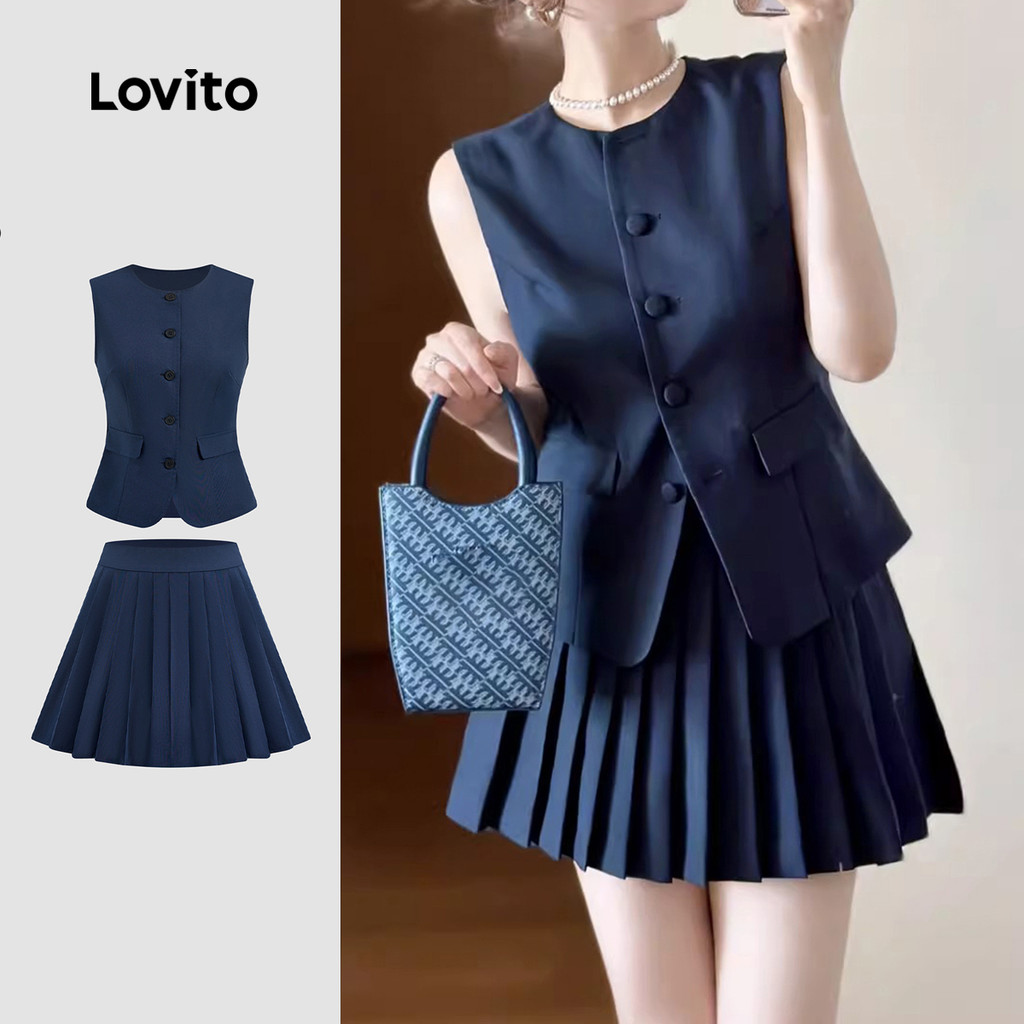 (New Lovito) Tops ou Calças Casuais com Pregas para Primavera/verão para Mulheres L143ED254