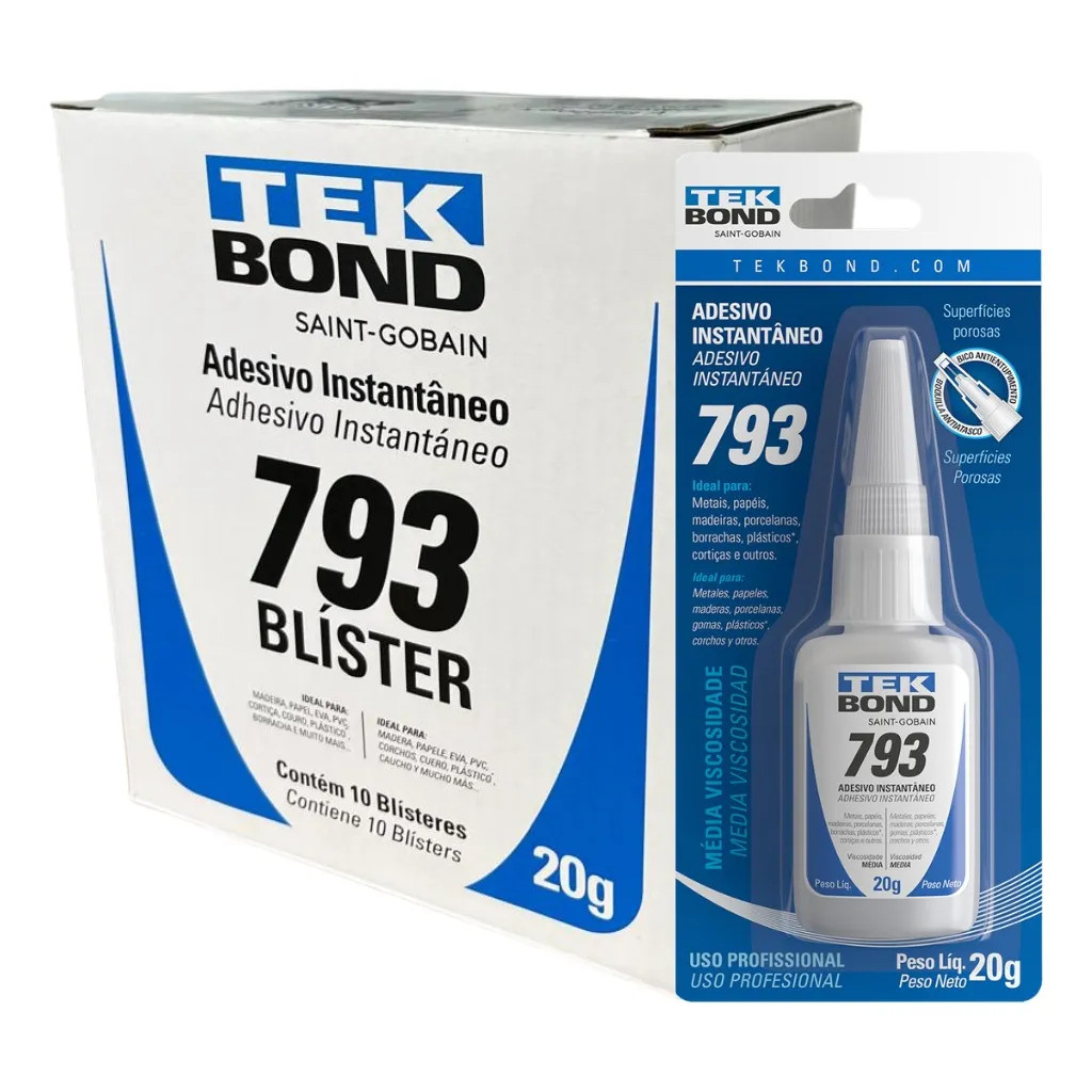 CAIXA COM 10 EM BLÍSTER DE COLAS TEKBOND 793 - ADESIVA INSTANTÂNEA 20 GR SUPER BOND