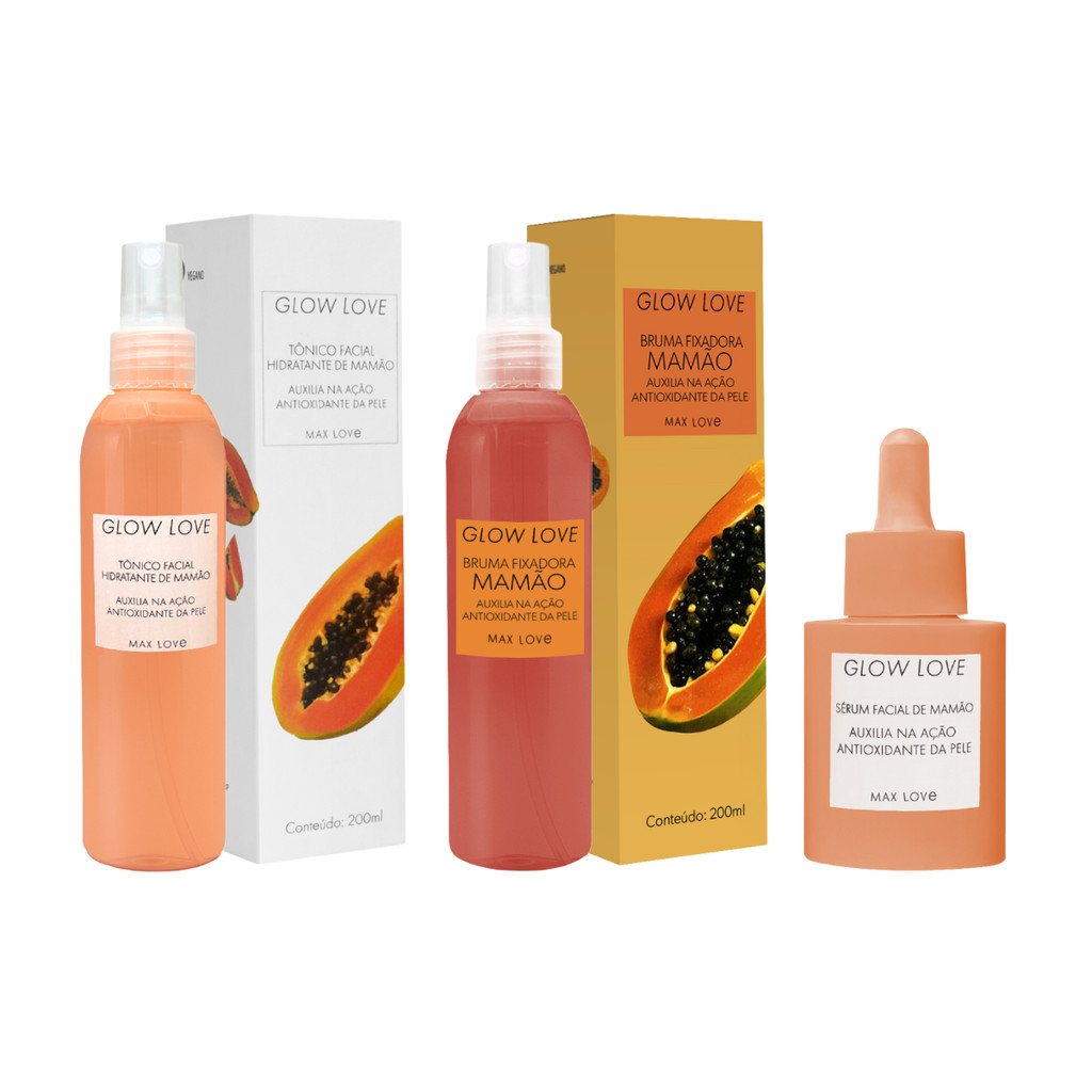 Kit Sérum, Tônico Facial e Bruma Fixadora de Mamão Glow Love – Max Love