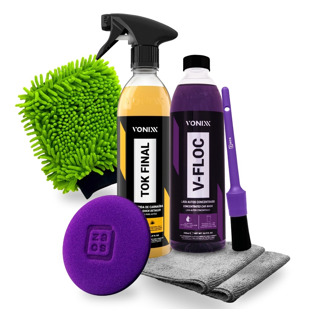 Kit Lavagem Vonixx Shampoo V-Floc + Cera Tok Final + 2 Toalhas Microfibra + Aplicador Espuma + Luva Microfibra + Pincel em Oferta na Shopee
