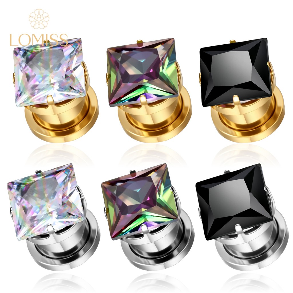 Alargador de Orelha Personalizado Aço Cirúrgico Pedra Quadrada Preto / Branco / Furta-Cor Liso | Lóbulo em Oferta na Shopee