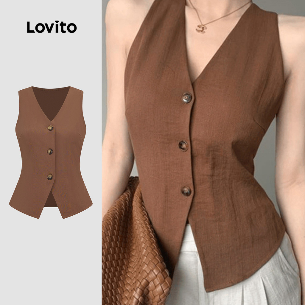 Lovito Blusa Elegante Simples Botões Na Parte Superior Na Cor Marrom Chocolate Ideal Para a Primavera/verão L143ED024 em Oferta na Shopee