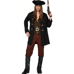Fantasia Masculina de Pirata Adulto de Luxo Cosplay com Chapéu Jaqueta Camisa com Colete Calça e Sobrebota