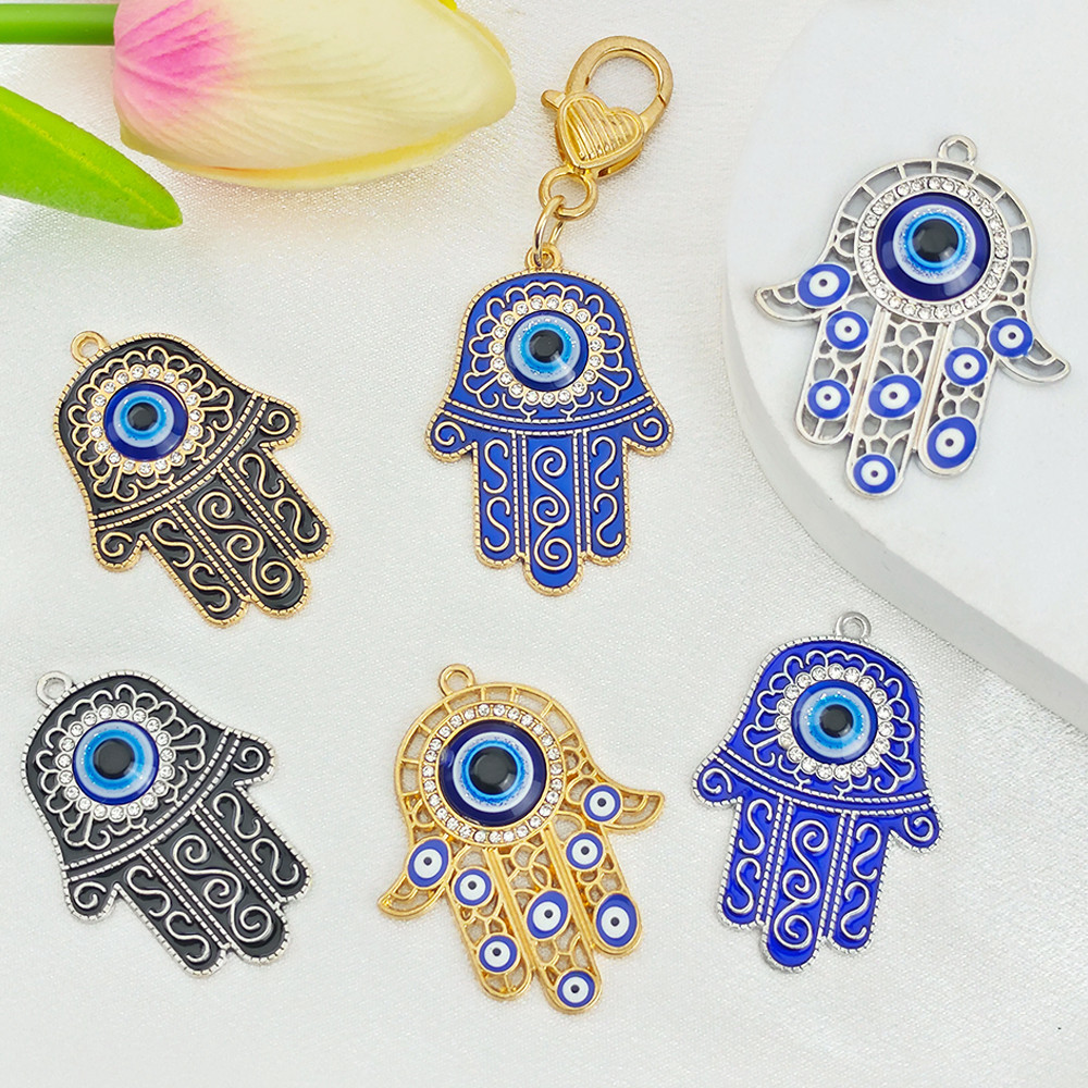 1Pcs Creative Evil Eyes Metal Charms Fashion Blue Eye Hand Shape Pendant Para Chaveiro Fazendo Acessórios De Bricolagem Suprimentos Artesanais