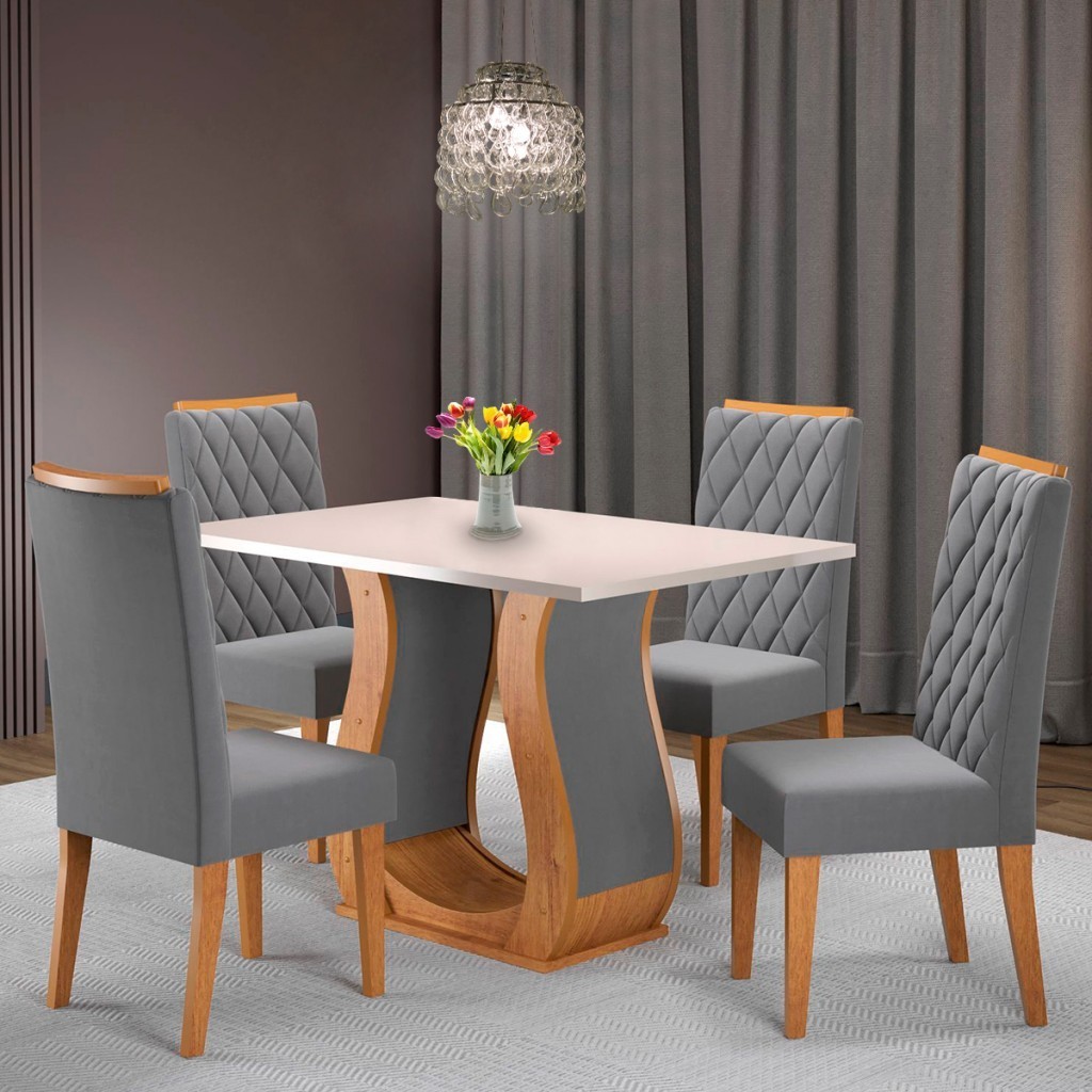 Mesa de Jantar 4 Lugares Luiza Diamantina Mel/Blonde/Veludo Cinza - Panorama Móveis em Oferta na Shopee