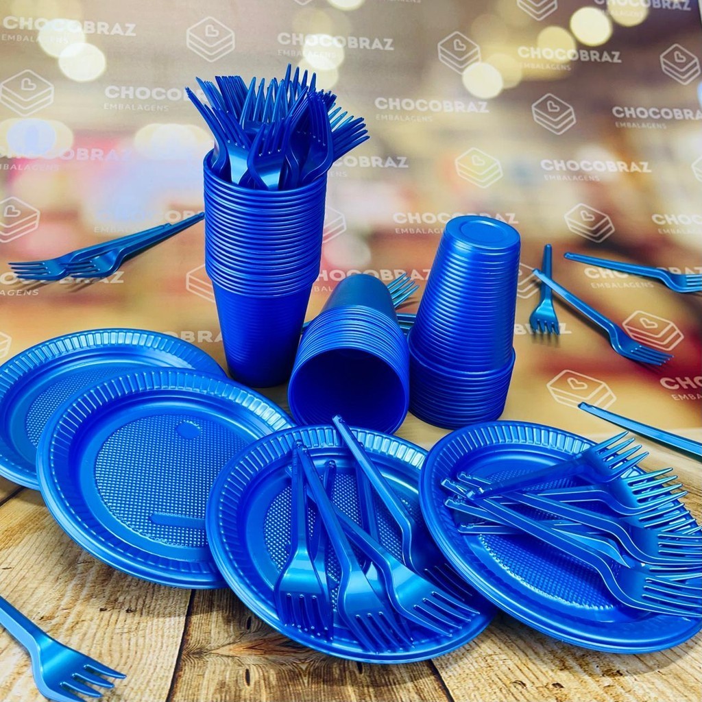 Kit Festa 50 PESSOAS DESCARTAVEIS AZUL PEROLADO GARFO + PRATO + COPO em Oferta na Shopee