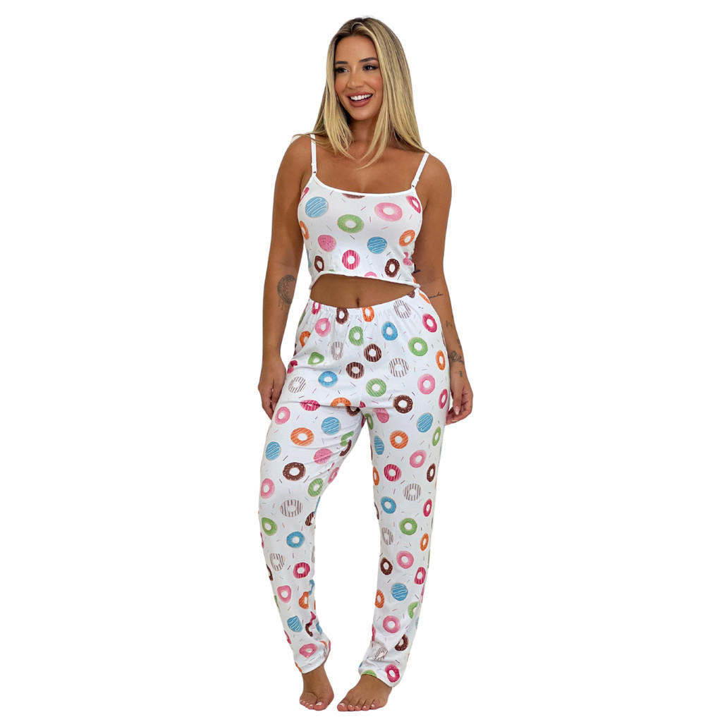 Pijama Feminino Longo Calça E Cropeed Ondinha Sublimado Personagens Alça Com Regulagem Adu...