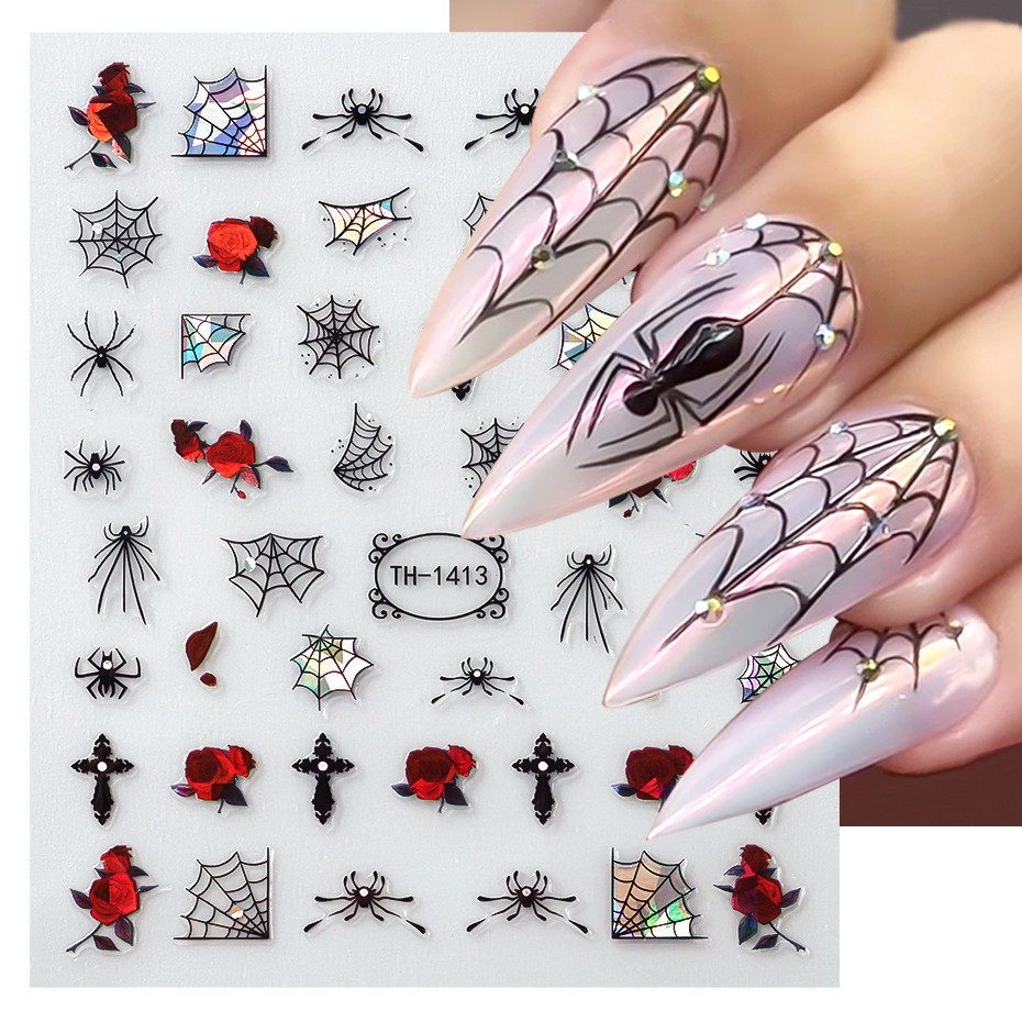 Autocolante Para Manicure Nail Art Decor De Halloween 3D Preto Cintilante Shell Light Spider Web Sticker Rose Cross Bat