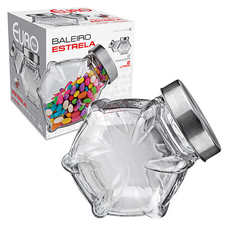 Baleiro Retro Decoração Estrela de Vidro com Tampa Inox 2 Litros VDR1914 Euro Home