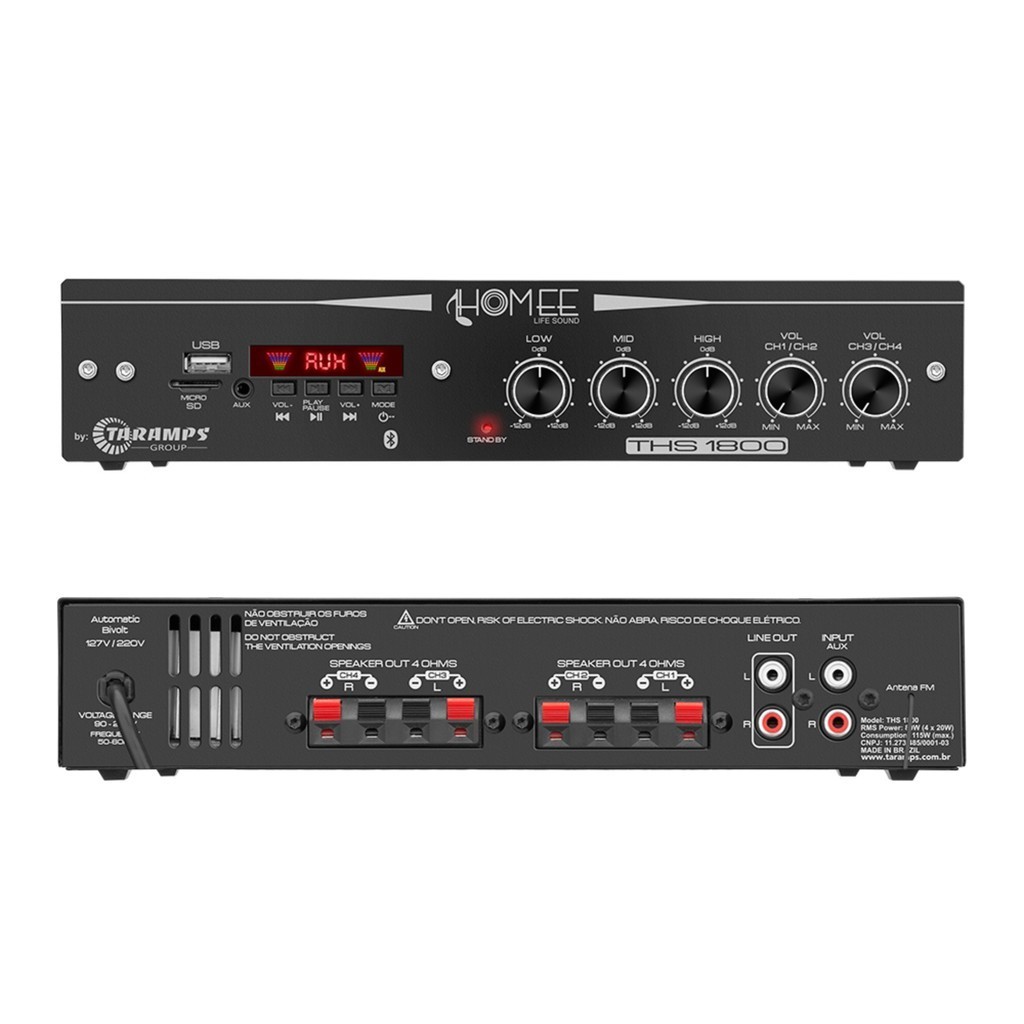 Amplificador Som Ambiente Receiver 80 Watts 4 canais THS 1800 Taramps USB/SD/FM/BT/MIC/AUX Bivolt em Oferta na Shopee