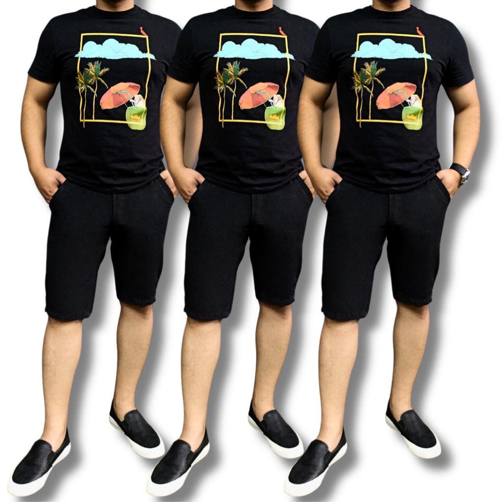 Kit 3 Bermudas Masculina Preta de Brim Sarja Esporte Fino Alfaiataria Social - Menor Preço - Qualidade Padrão Shopping -