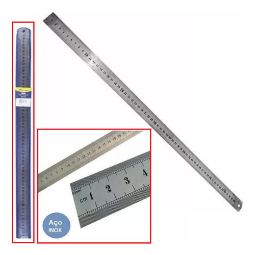 Régua Aço Inox 60cm 24 Pol Dupla Face Milímetros E Polegadas