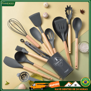 Kit 12 Utensílios Cozinha Jogo Espatula Silicone Cabo De Madeira em Oferta na Shopee