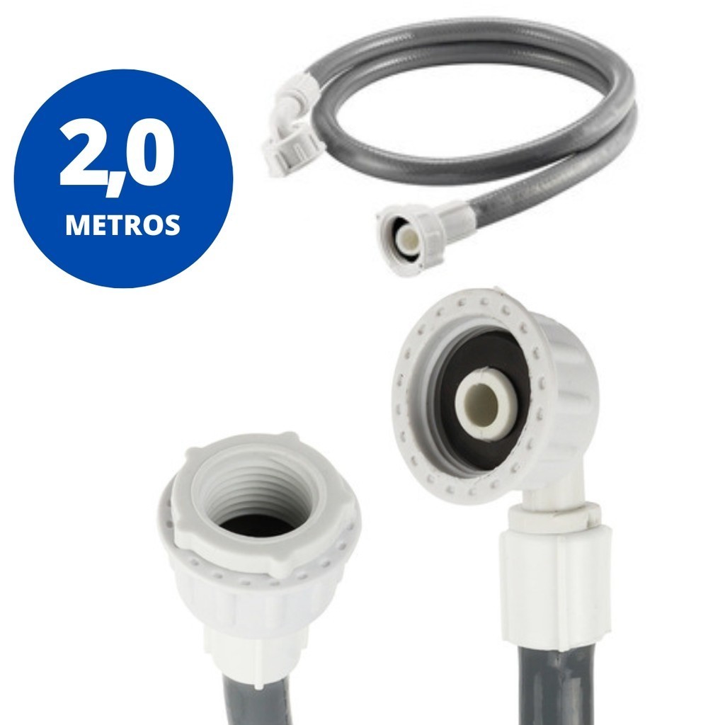 Mangueira Entrada Água Máquina de Lavar Universal Cinza Kaztec 2m Tubo de Reposição Conector Standard Lavanderia