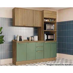 Cozinha Completa Botanic 4 Peças (1 Armário + 1 Balcão + 1 Paneleiro + 1 Complemento) M664 Nogueira/Verde Oliva - Kappesberg