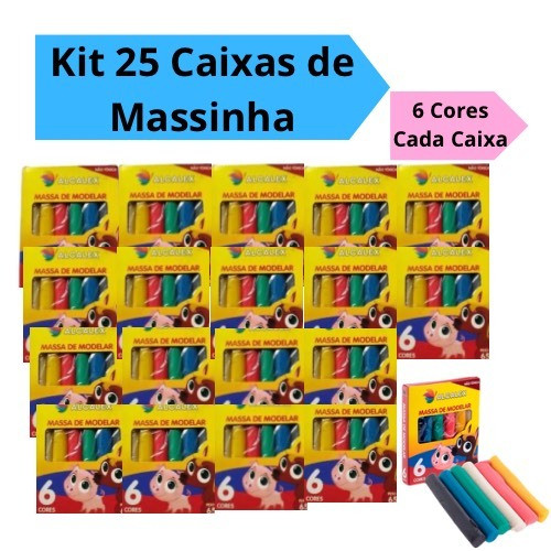 Kit 25 Caixas Massinha de Modelar 65g com 6 Cores Kit Festa Lembracinhas Intantil Alcalex em Oferta na Shopee