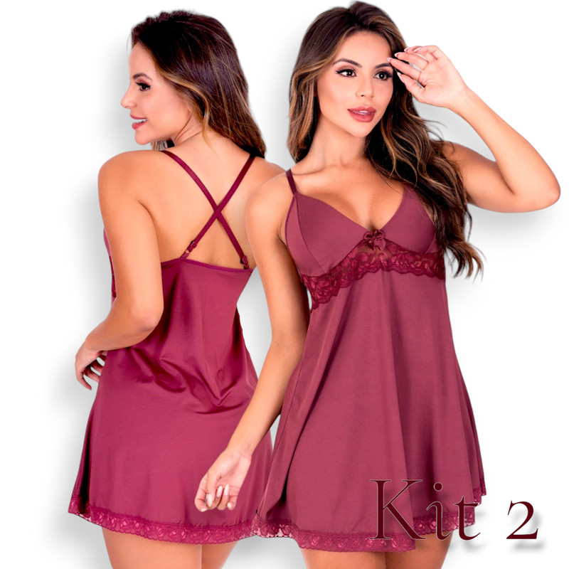 Kit 2 Camisolas sem Bojo Sensual de Renda Lingerie Feminina Camisola Alça Cruzada Langerie