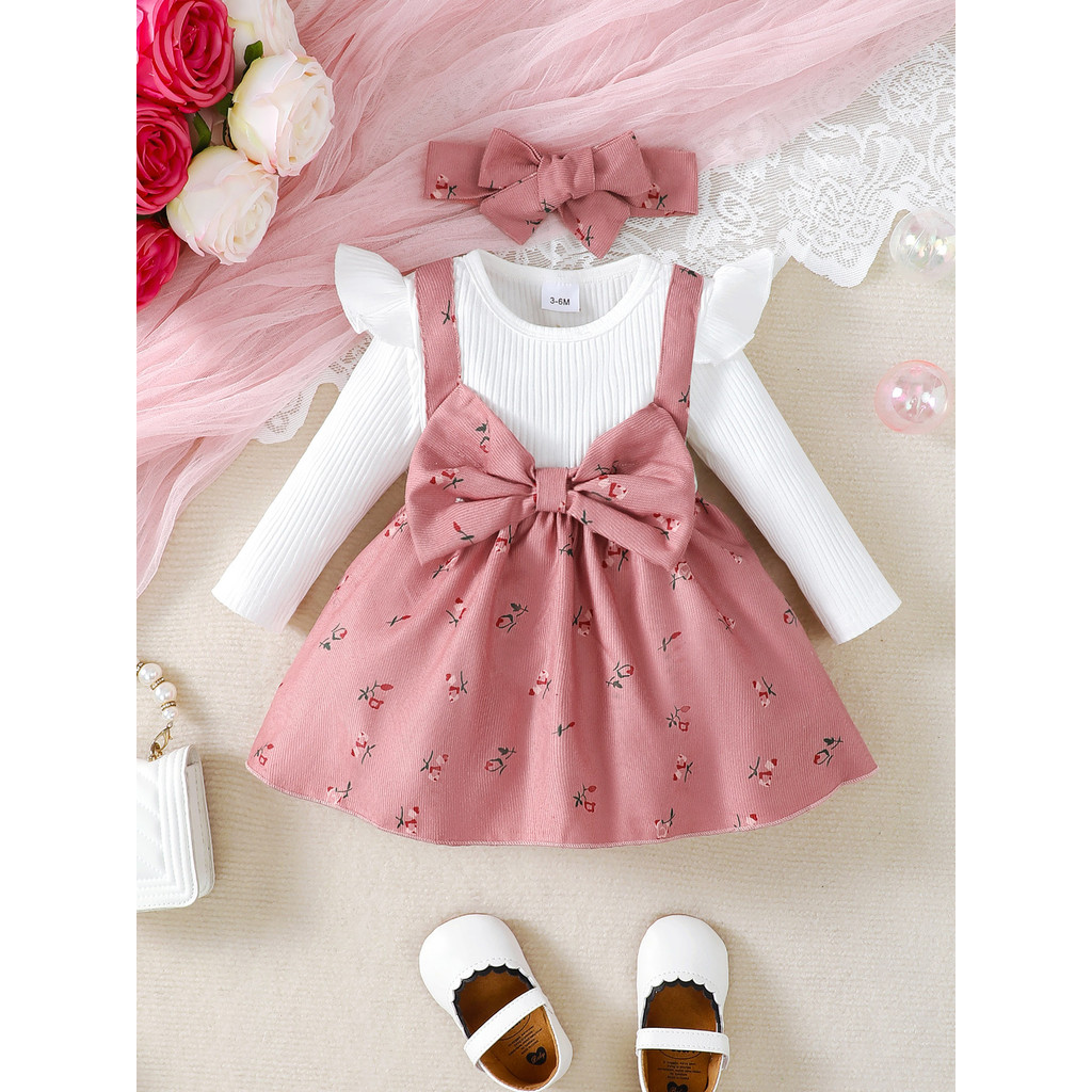 Vestido Para Bebê Menina 2 Peças 3-24 Meses Manga Comprida Rosa Flor Estampa Laço De Princ...