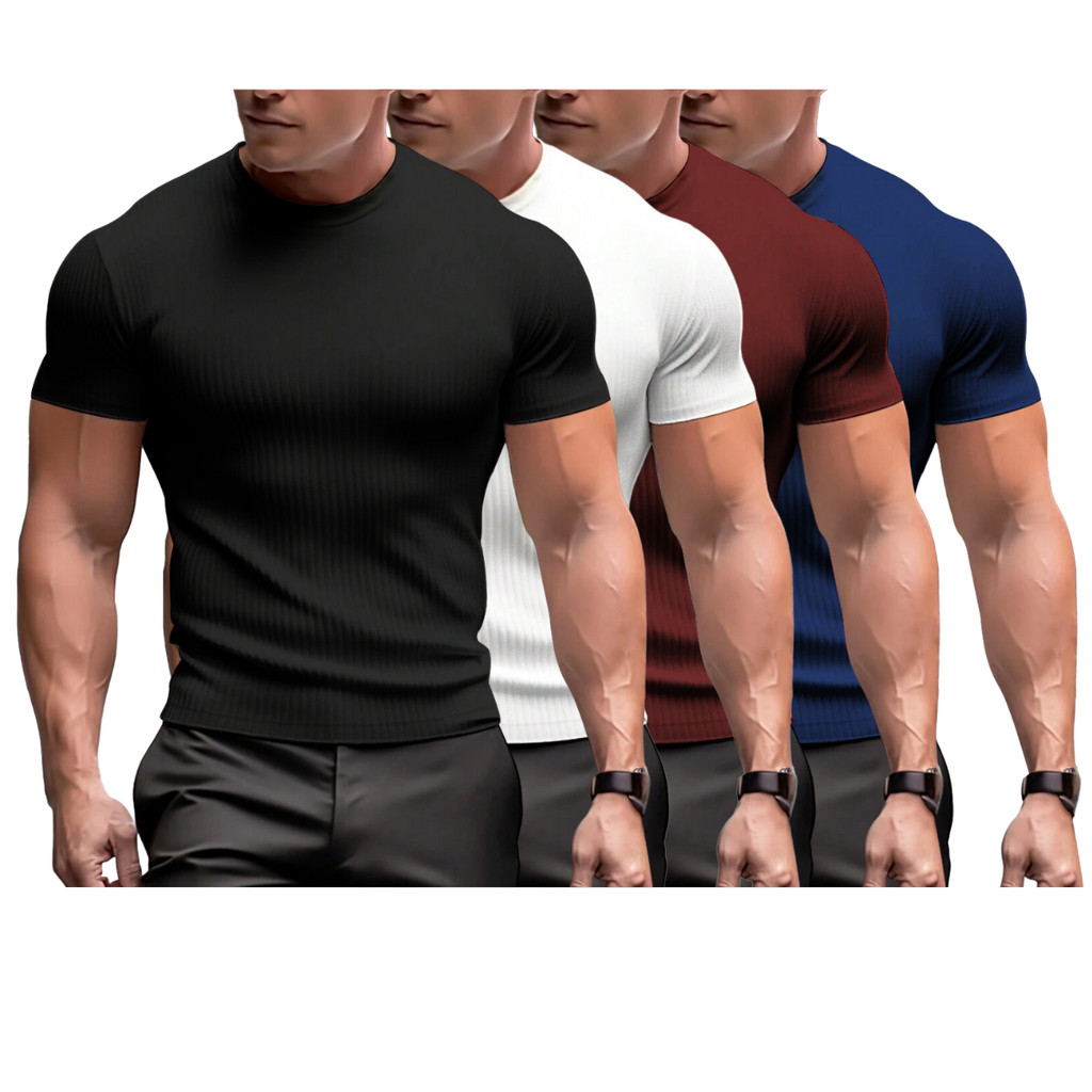 Kit 4 Camiseta Masculina Slim Canelada Manga Curta Premium