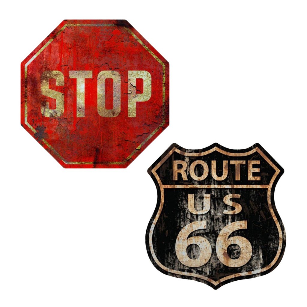 Kit Placas Quadros Decoração Stop e Route 66 Trânsito Rota