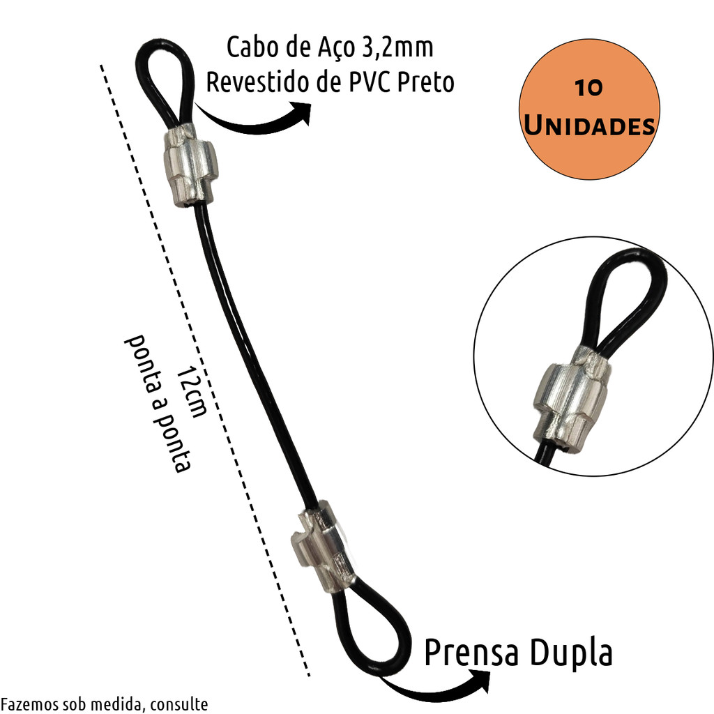 Kit 10 Lacres em Cabo de Aço 12cm Revestido PVC Preto Estrobo Trava Capacete Bike Mala Mochila Security Travel