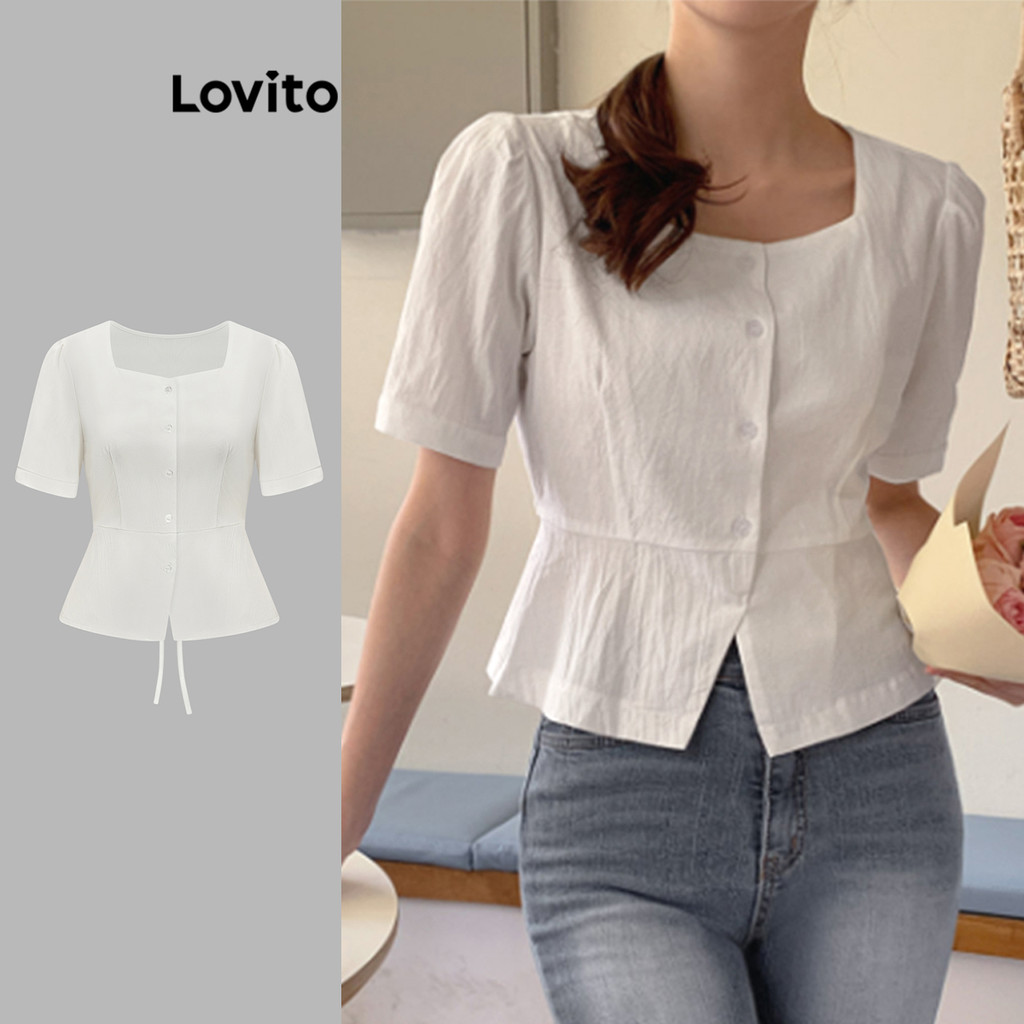 Lovito Blusa Casual Com Botões Lisos E Rendas Para Mulheres L95ED240 - Women Clothes