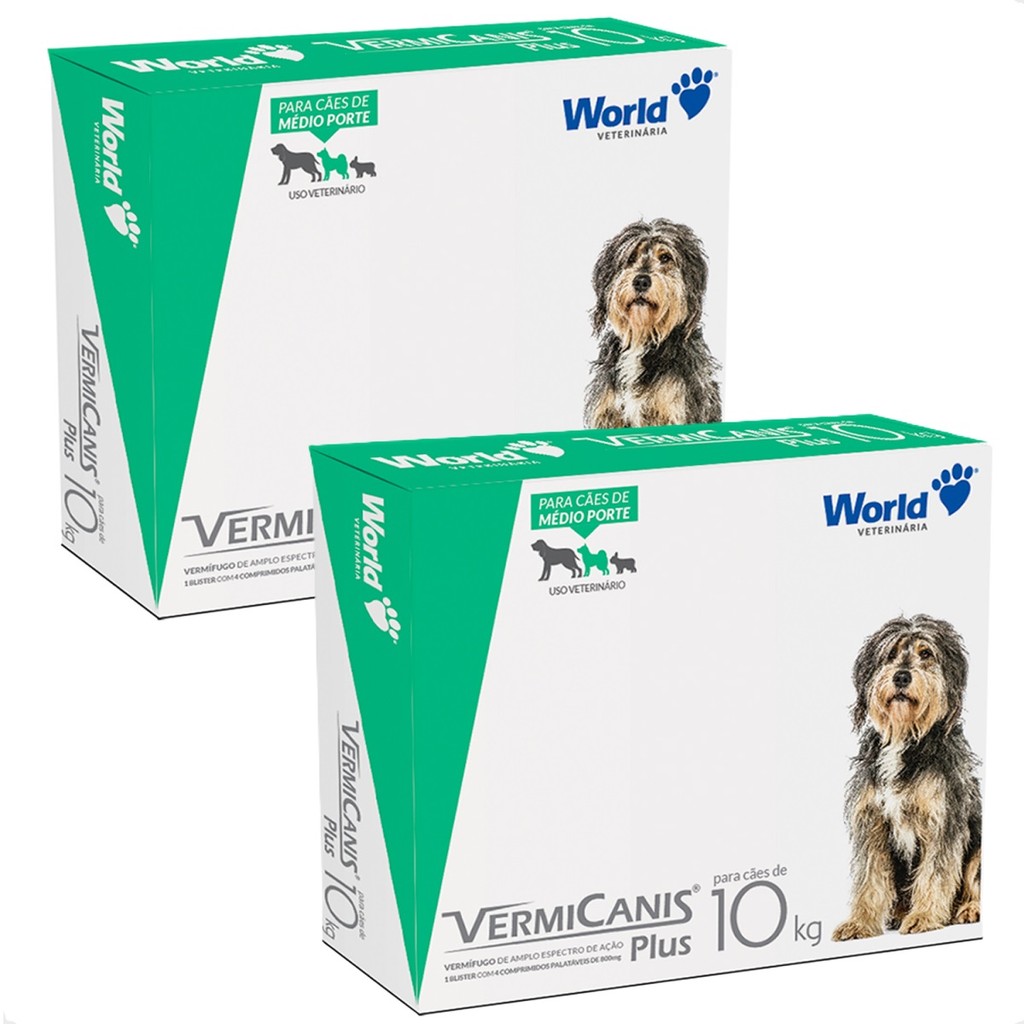 Kit 2 Vermicanis Plus Vermífugo World para Cães de 10Kg - 4 Comprimidos em Oferta na Shopee