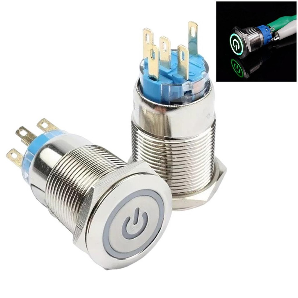 Botão Inox Liga Desliga Start Led 12v 16mm Com Trava Verde