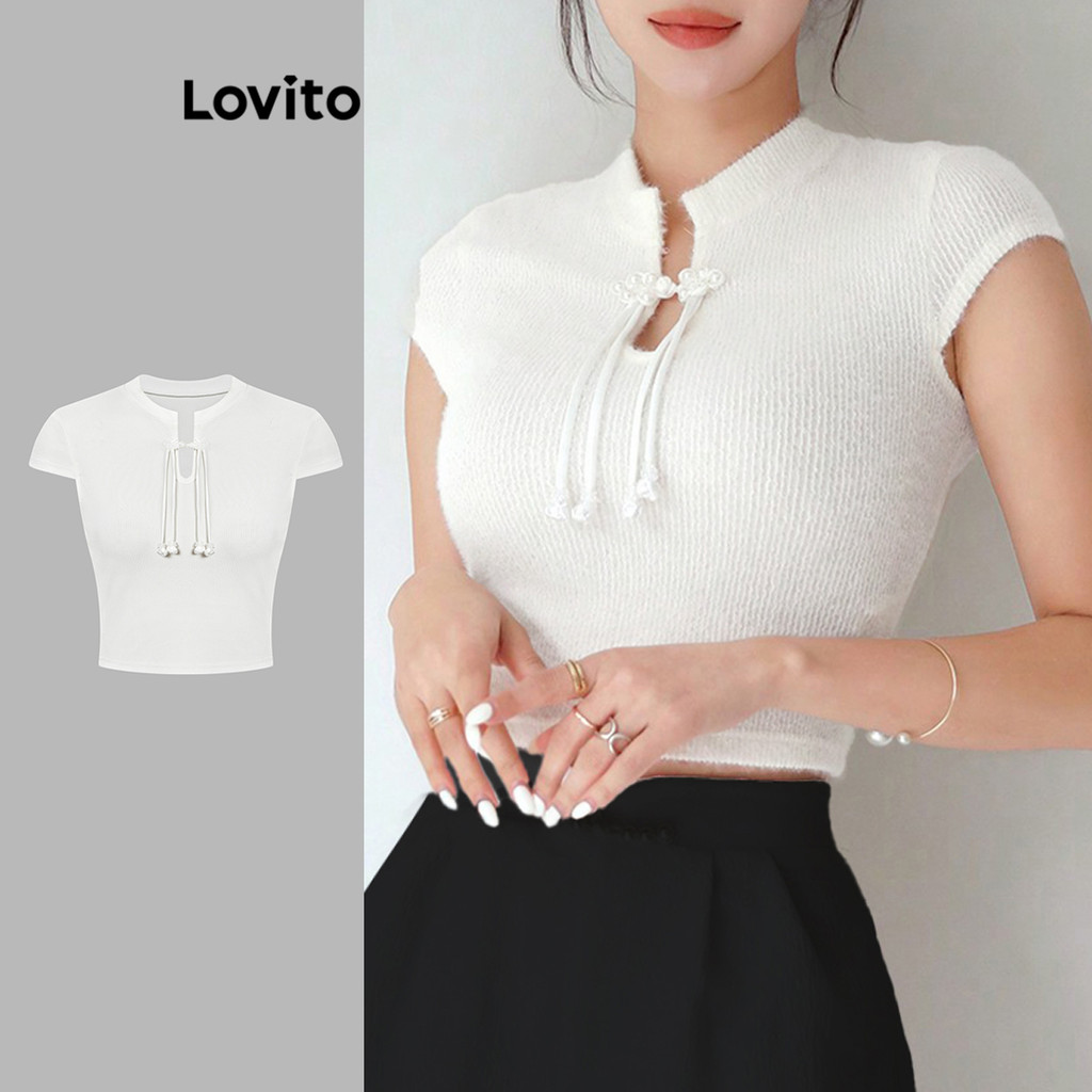 Lovito Camiseta Elegante Com Botões Recortados Verão/Primavera Para Mulheres L105MD659 em Oferta na Shopee