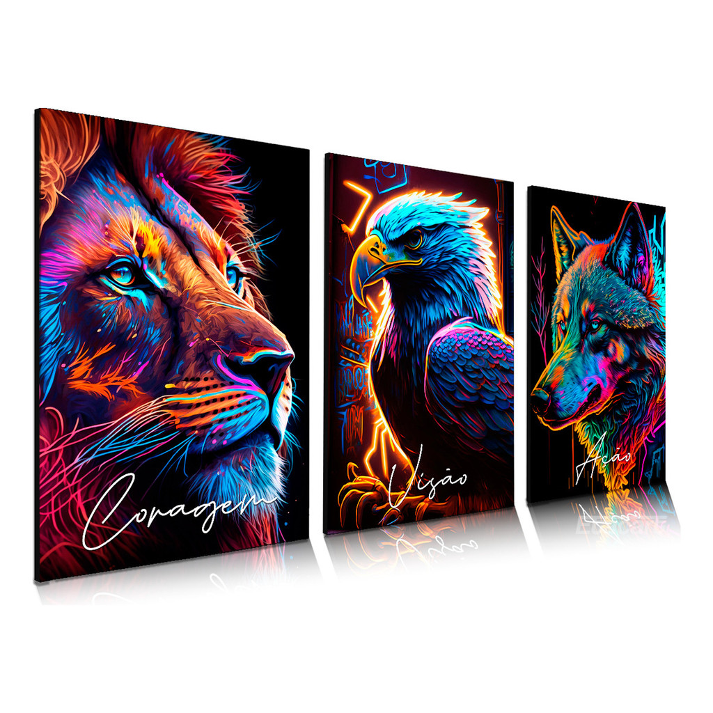 KIT 3 Quadro Decorativo 60X40CM  Animais Motivaiconal Grafite Sala Mural De Painel Espesso De 8mm em Oferta na Shopee