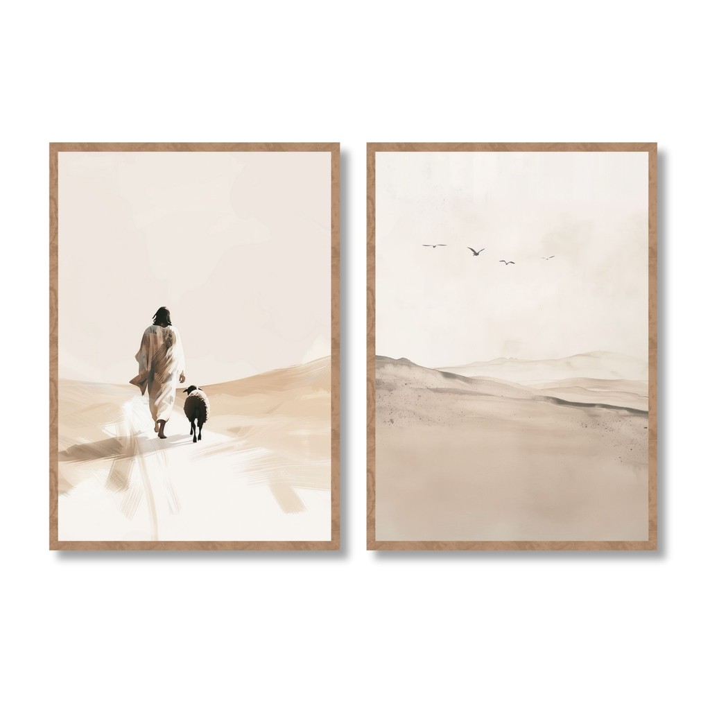 Kit 2 Quadros Decorativos Jesus a ovelha e as aves A4 32x23