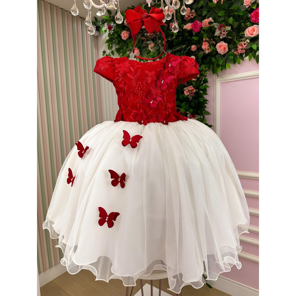 Vestido Juvenil Midi Vila Lele Sabrina Vermelho e Off Casamento Formatura Noiva Batizado Elegante Luxo Clássico