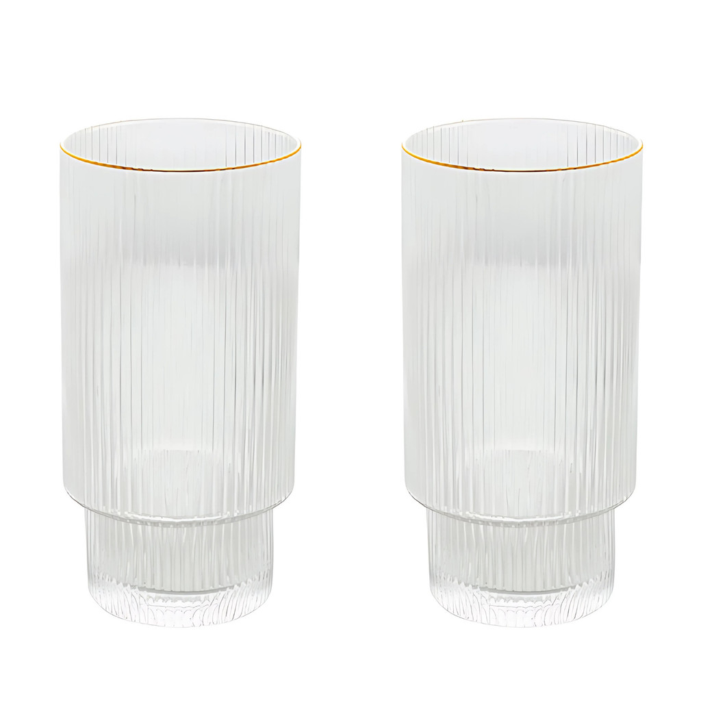 Jogo 2 Copos Altos 400ml Cristal Canelado Suco Água Borda Dourada Fio De Ouro Lines Wolff - Home & Living