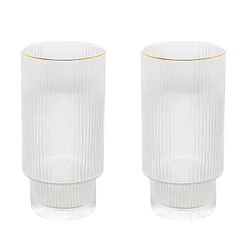 Jogo 2 Copos Altos 400ml Cristal Canelado Suco Água Borda Dourada Fio De Ouro Lines Wolff