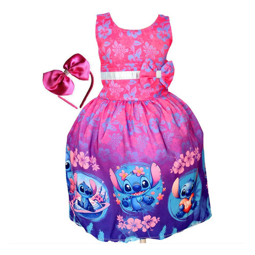 Vestido De Festa Luxo Infantil Rosa Menina Stitch Tiara